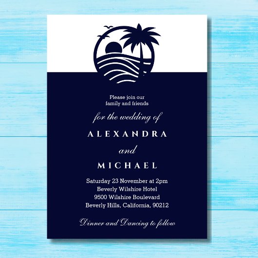 Navy Minimalist Palm Tree Coastal Wedding Kaart