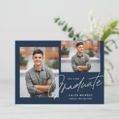 Navy Modern Calligraphy Script 3 Foto Afstuderen Aankondiging (Staand voorkant)