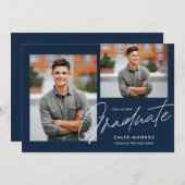 Navy Modern Calligraphy Script 3 Foto Afstuderen Aankondiging (Voorkant / Achterkant)