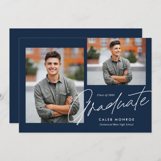 Navy Modern Calligraphy Script 3 Foto Afstuderen Aankondiging (Voorkant / Achterkant)