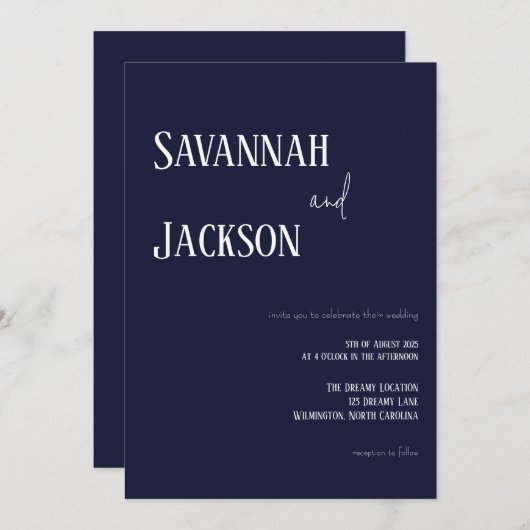 Navy Modern Elegant Wedding Invitation (Devant / Derrière)