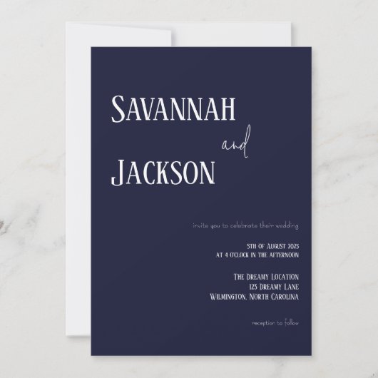 Navy Modern Elegant Wedding Invitation Kaart (Voorkant)