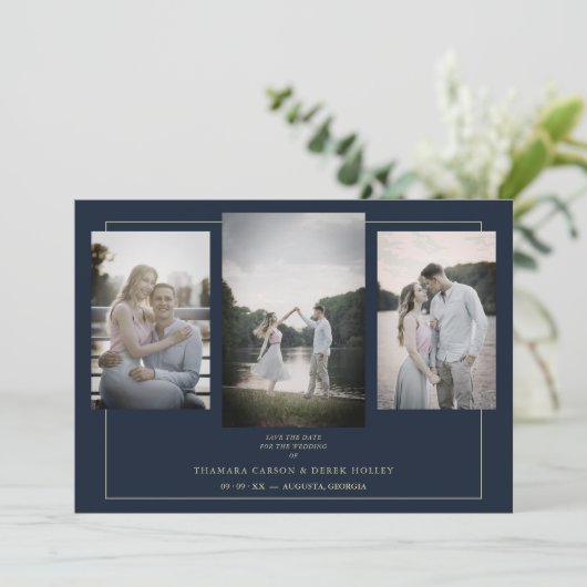 Navy Modern Gold 3 Photos Sophisticated Wedding (Staand voorkant)