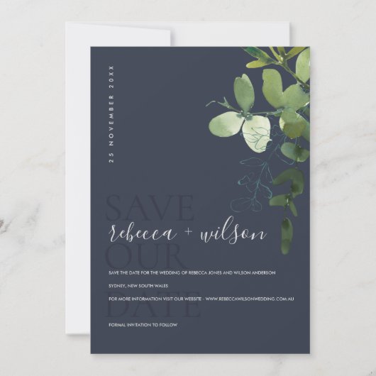 NAVY MODERN GREEN EUCALYPTUS FOLIAGE WATERVERF SAVE THE DATE (Voorkant)
