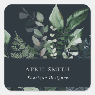 Navy Modern Green Leafy Tropical Foliage Fern Vierkante Sticker