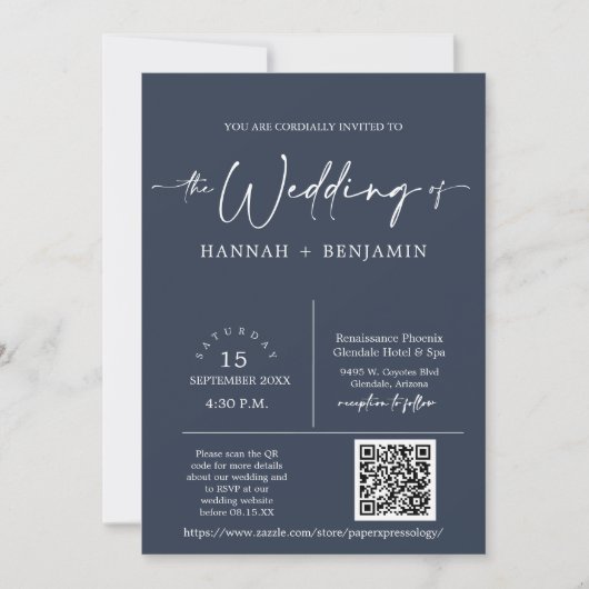 Navy Modern Minimalist Wedding Arch QR Code Foto Kaart (Voorkant)