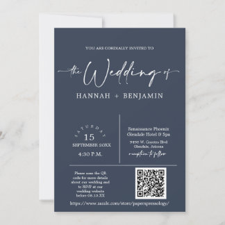 Navy Modern Minimalist Wedding Arch QR Code Foto Kaart