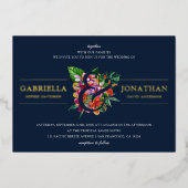 Navy Modern Tropical Bouquet Wedding Folie Uitnodiging (Voorkant)