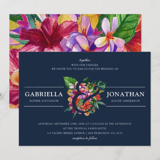 Navy Modern Tropical Bouquet Wedding Kaart (Voorkant / Achterkant)