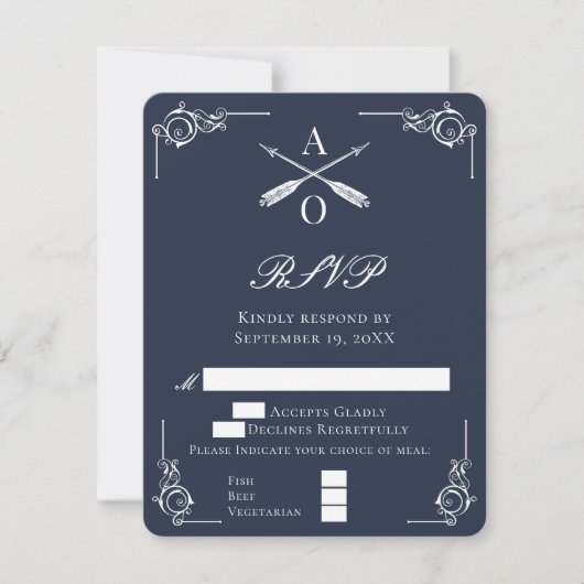 Navy Monogram en pijlen bruiloft RSVP Kaart (Voorkant)