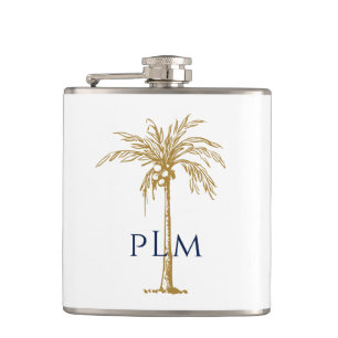 Navy Monogram Kunstzinnige Tropische Gouden Palmbo Heupfles