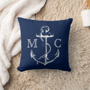 Navy Monogram Nautical White Sketch Anchor Kussen