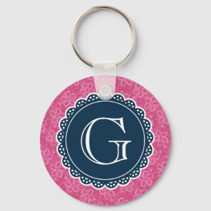 Navy Monogram roze Hibiscus Pattern Sleutelhanger