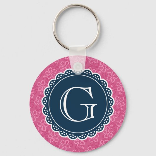 Navy Monogram roze Hibiscus Pattern Sleutelhanger (Voorkant)
