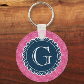 Navy Monogram roze Hibiscus Pattern Sleutelhanger (Voorkant)