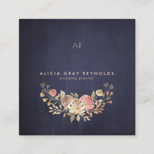 Navy Monogram Waterverf Bloemen Bruiloft Planner Vierkante Visitekaartje