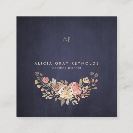 Navy Monogram Waterverf Bloemen Bruiloft Planner Vierkante Visitekaartje (Voorkant)