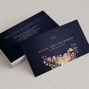 Navy Monogram Waterverf Bloemen Bruiloft Planner Visitekaartje