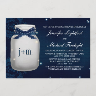 Navy Monogrammed Firefly Mason Jar Couples Shower Kaart