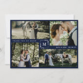 Navy Monogrammed Photo Collage Wedding Dank u Bedankkaart (Voorkant)