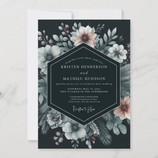 Navy Moody Bloom Wedding Kaart (Voorkant)