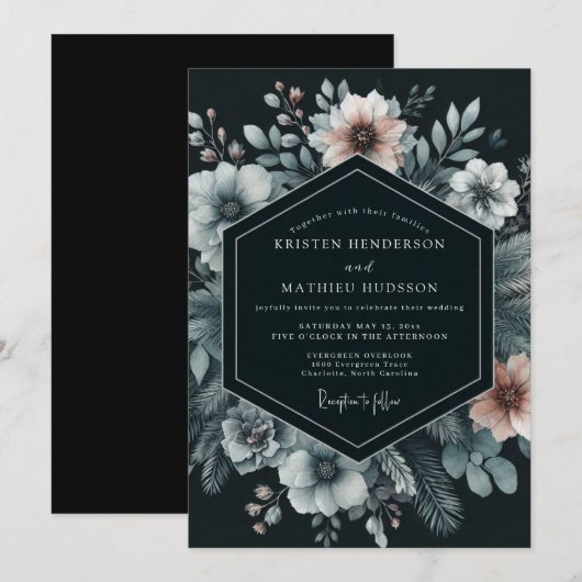 Navy Moody Bloom Wedding Kaart (Voorkant / Achterkant)