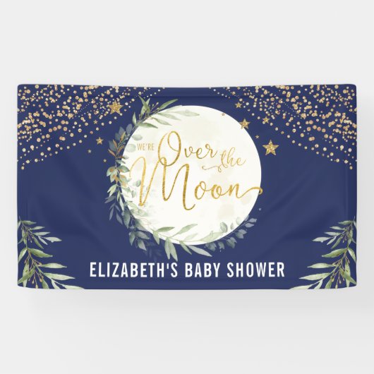 Navy Moon Star Greenery Gold Baby shower Welkom Spandoek (Horizontaal)