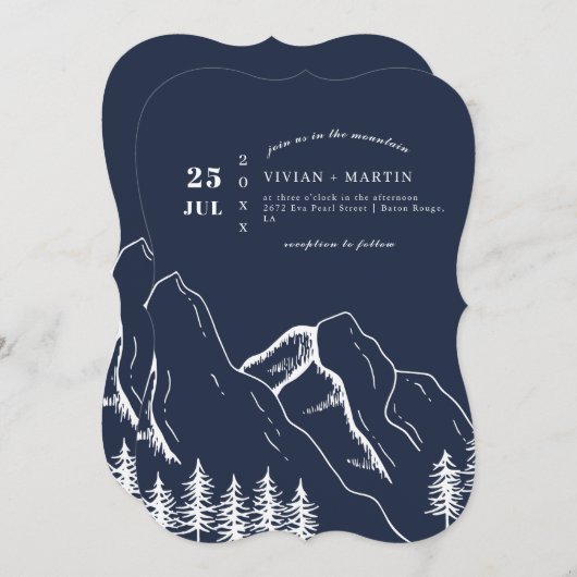 Navy Mountains Pine Tree Outdoor Wedding Kaart (Voorkant / Achterkant)