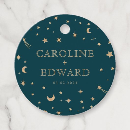 Navy Mystiek Gouden Sterren Maan Astronomie Bruilo Bedankjes Labels (Voorkant)