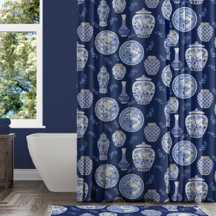 Navy n White Floral Ginger Jar Asian  Decor Douchegordijn