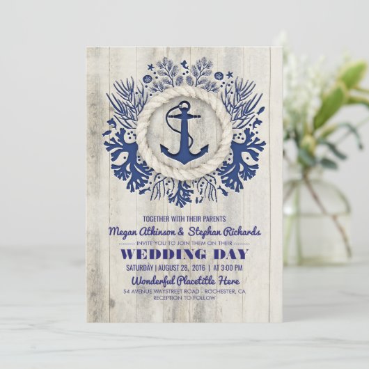 Navy Nautical Anker Rustiek Strand Bruiloft Kaart (Staand voorkant)