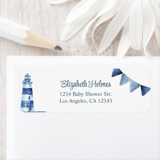 Navy Nautical Lighthouse Baby shower Adres Etiket (Insitu)
