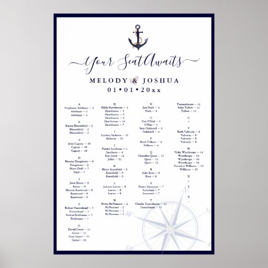 NAVY NAUTICAL SITTING CHART, ALFABETISCH POSTER (Voorkant)