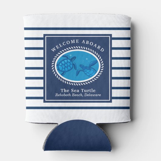 Navy Nautical Stripes Bootnaam Zee Schildpad Blikjeskoeler (Achterkant)