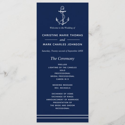 Navy Nautical White Anker Bruiloft Programma (Voorkant)