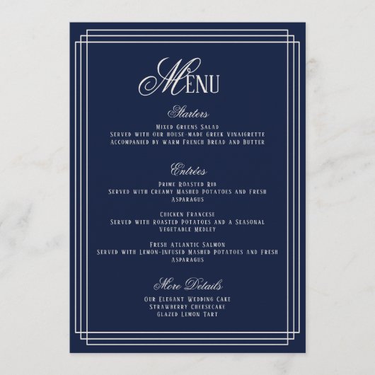 Navy Old Money Wedding Menu Card Kaart (Voorkant)