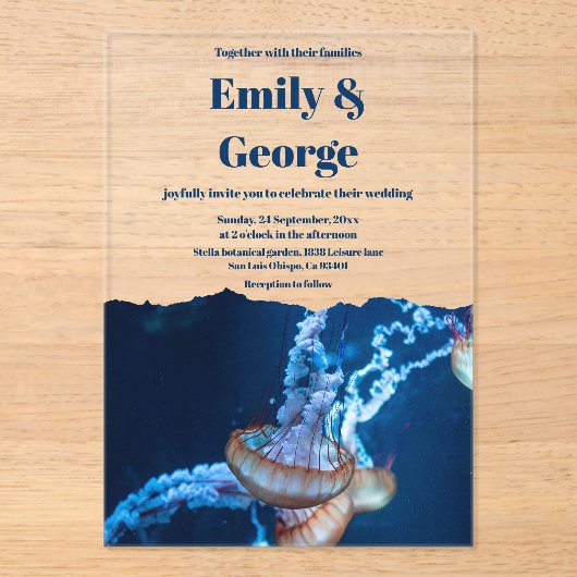 Navy Onder het Zee Jellyfish Beach Kustbruiloft Acryl Uitnodigingen (Voorkant)