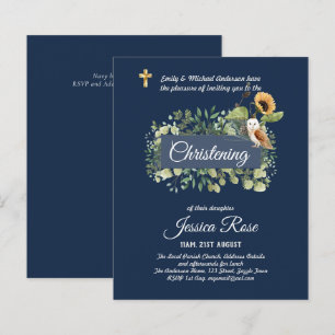 Navy Owl Zonnebloemen Doop Uitnodigingen Doopfeest