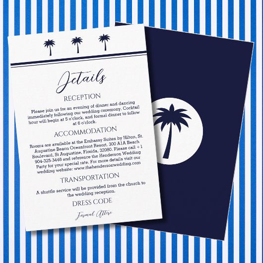Navy Palm Tree Coastal Wedding Details Informatiekaartje