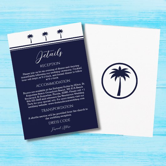 Navy Palm Tree Coastal Wedding Details Informatiekaartje