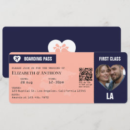 Navy & Peach Boarding Pass Wedding Kaart