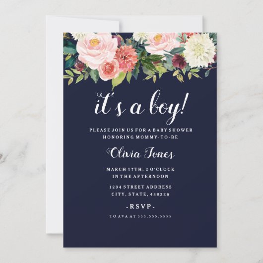 Navy Peach Botanical Floral Baby shower Kaart (Voorkant)