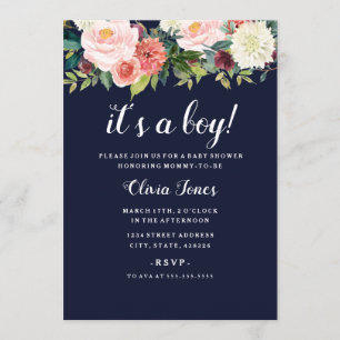 Navy Peach Botanical Floral Baby shower Kaart