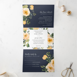 NAVY PEACH PEONY FLORAL WATERVERF WEDING DRIELUIK UITNODIGING