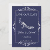 Navy Peacock Flourish Save the Date Notice Aankondiging (Voorkant)