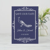 Navy Peacock Flourish Save the Date Notice Aankondiging (Staand voorkant)