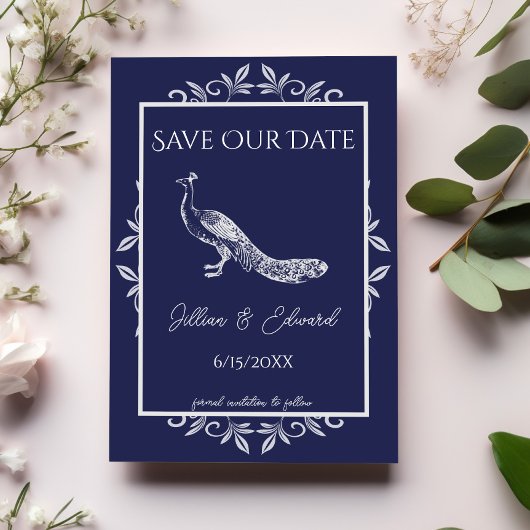 Navy Peacock Flourish Save the Date Notice Aankondiging