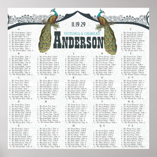 Navy Peacock Love Bird Seating Chart Poster (Voorkant)