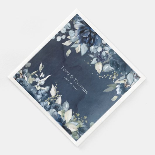 Navy Peonies Dusty Blue Eucalyptus Weddenschap Servet (Hoek)