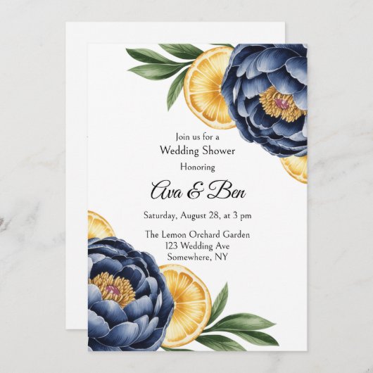 Navy Peony Citrus Waterverf Floral Wedding Kaart (Voorkant / Achterkant)